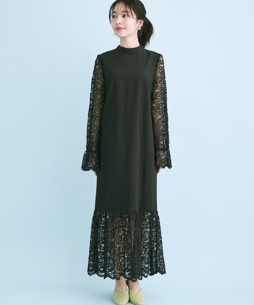 【DRESS】レース袖ドッキングワンピース