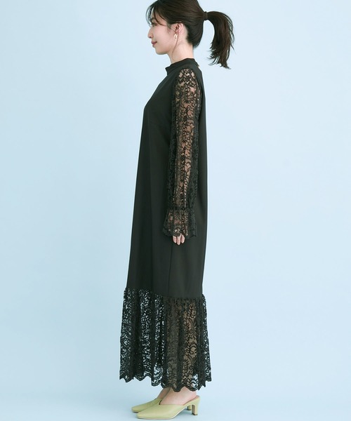 【DRESS】レース袖ドッキングワンピース
