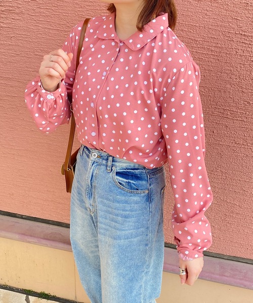 PairPair(ペアペア)の「丸襟ドットブラウス(シャツ/ブラウス・レディース・ピンク/オレンジ/ブルー・フリー)」の3枚目の写真