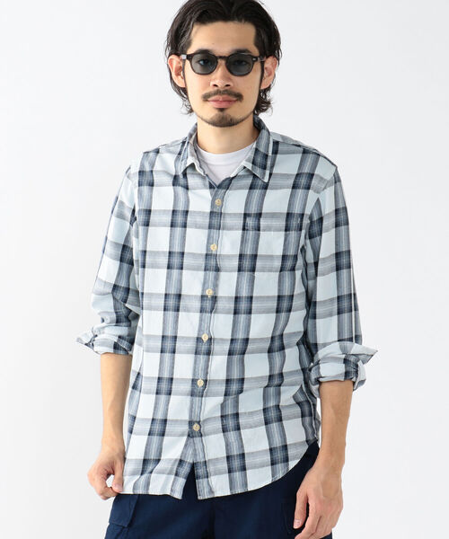 REMI RELIEF（レミレリーフ）の「REMI RELIEF × BEAMS PLUS / 別注 Indigo Check Shirt（シャツ/ブラウス・メンズ・ホワイト/サックスブルー・SMALL/MEDIUM/LARGE/X-LARGE）」の4枚目の写真