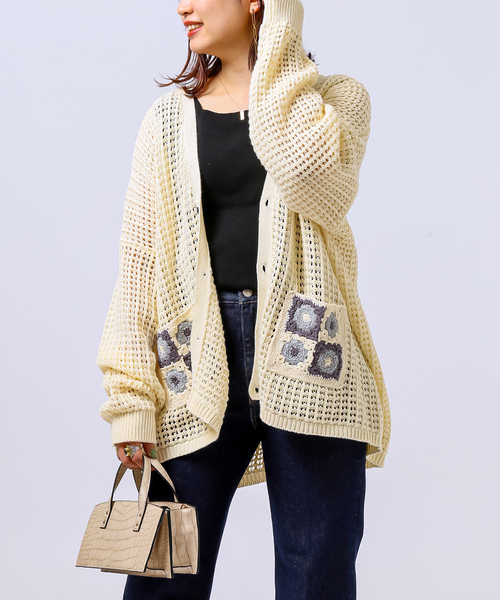 B.C STOCK(ベーセーストック)の「CRH CROCHET KNIT CARDIGAN(ニット/セーター・メンズ・ブラック/ホワイト系その他・MEDIUM/LARGE)」の1枚目の写真