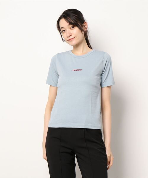 ehka sopo(エヘカソポ)の「ちびロゴTシャツ(Tシャツ/カットソー・レディース・ブラック/サックスブルー/オレンジ/オフホワイト・フリ-)」の3枚目の写真