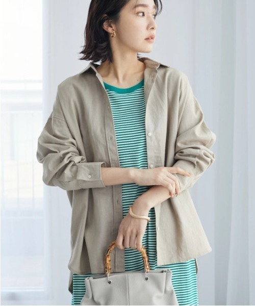 Green Parks(グリーンパークス)の「ベルギーリネンレギュラーシャツ(シャツ/ブラウス・レディース・オフホワイト/グリーン/ダークグレー/モカ・FREE)」の3枚目の写真