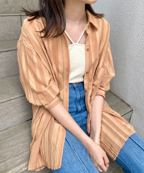 Kastane(カスタネ)の「ストライプジャガードシャツ(シャツ/ブラウス・レディース・アイボリー/グリーン/オレンジ・FREE)」の1枚目の写真