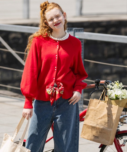 セール】ラグランボリュームスリーブ パールボタンニットカーディガン