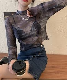 .KOM | A'GEM/9 × .kom『.kom/ドットケーオーエム』モックネック 総柄シースルー長袖Tシャツ(Tシャツ/カットソー)