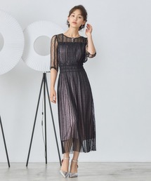 チュールドレス ワンピース シアー 5分袖 ミモレ丈 プリー 結婚式 パーティードレス