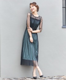 チュールドレス ワンピース シアー 5分袖 ミモレ丈 プリー 結婚式 パーティードレス