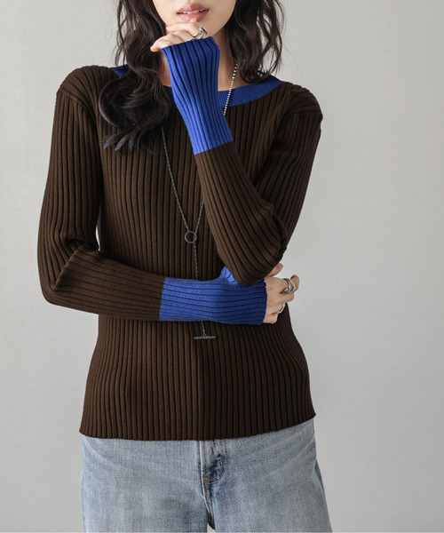 SUGAR BISKET(シュガービスケット)の「配色ニットトップス(ニット/セーター・レディース・ベージュ/ブラック/グレー/グリーン/ブラック×ブルー/ブラック×グリーン/ブルー/ブラック×ホワイト/ラベンダー/グレイッシュベージュ/チャコール/ネイビー/ダークブラウン・フリー)」の7枚目の写真