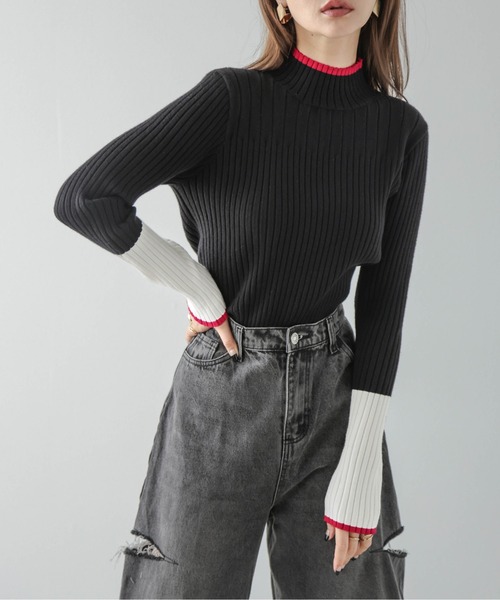 SUGAR BISKET(シュガービスケット)の「配色ニットトップス(ニット/セーター・レディース・ベージュ/ブラック/グレー/グリーン/ブラック×ブルー/ブラック×グリーン/ブルー/ブラック×ホワイト/ラベンダー/グレイッシュベージュ/チャコール/ネイビー/ダークブラウン・フリー)」の2枚目の写真