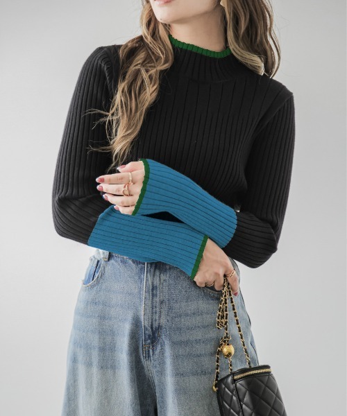 SUGAR BISKET(シュガービスケット)の「配色ニットトップス(ニット/セーター・レディース・ベージュ/ブラック/グレー/グリーン/ブラック×ブルー/ブラック×グリーン/ブルー/ブラック×ホワイト/ラベンダー/グレイッシュベージュ/チャコール/ネイビー/ダークブラウン・フリー)」の3枚目の写真