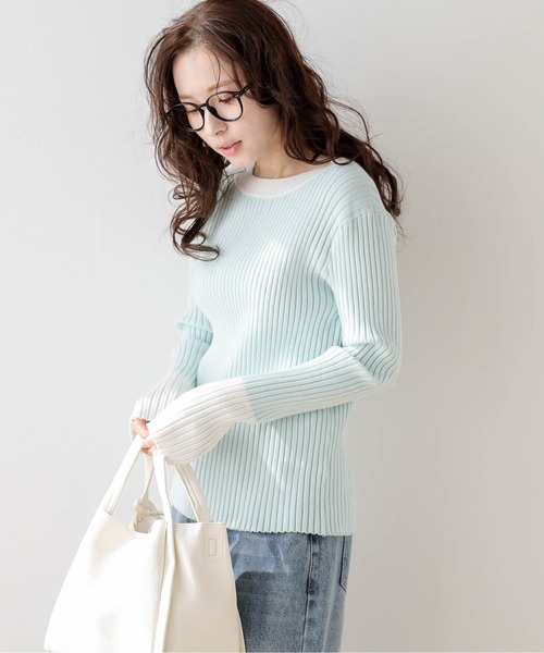 SUGAR BISKET(シュガービスケット)の「配色ニットトップス(ニット/セーター・レディース・ベージュ/ブラック/グレー/グリーン/ブラック×ブルー/ブラック×グリーン/ブルー/ブラック×ホワイト/ラベンダー/グレイッシュベージュ/チャコール/ネイビー/ダークブラウン・フリー)」の12枚目の写真