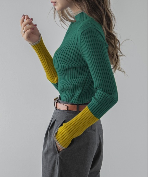 SUGAR BISKET(シュガービスケット)の「配色ニットトップス(ニット/セーター・レディース・ベージュ/ブラック/グレー/グリーン/ブラック×ブルー/ブラック×グリーン/ブルー/ブラック×ホワイト/ラベンダー/グレイッシュベージュ/チャコール/ネイビー/ダークブラウン・フリー)」の10枚目の写真