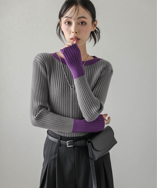 SUGAR BISKET(シュガービスケット)の「配色ニットトップス(ニット/セーター・レディース・ベージュ/ブラック/グレー/グリーン/ブラック×ブルー/ブラック×グリーン/ブルー/ブラック×ホワイト/ラベンダー/グレイッシュベージュ/チャコール/ネイビー/ダークブラウン・フリー)」の6枚目の写真