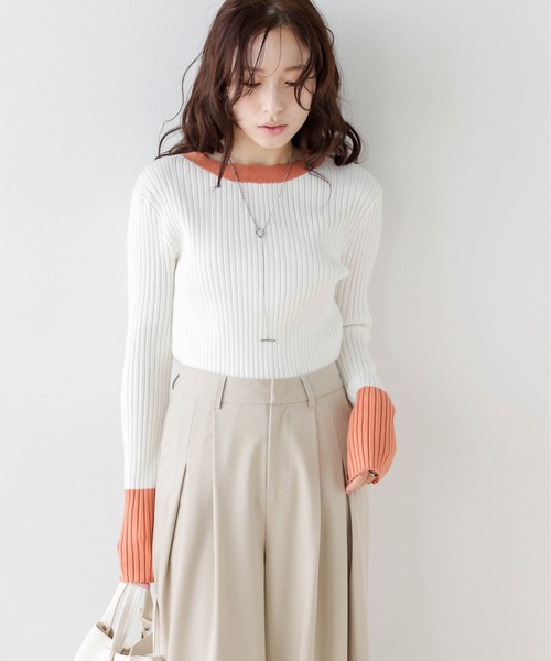 SUGAR BISKET(シュガービスケット)の「配色ニットトップス(ニット/セーター・レディース・ベージュ/ブラック/グレー/グリーン/ブラック×ブルー/ブラック×グリーン/ブルー/ブラック×ホワイト/ラベンダー/グレイッシュベージュ/チャコール/ネイビー/ダークブラウン・フリー)」の15枚目の写真