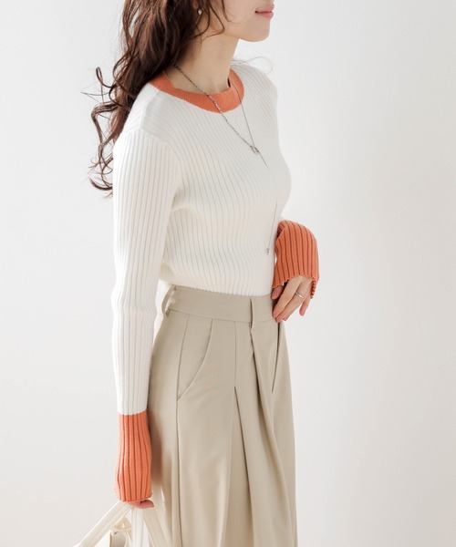 SUGAR BISKET(シュガービスケット)の「配色ニットトップス(ニット/セーター・レディース・ベージュ/ブラック/グレー/グリーン/ブラック×ブルー/ブラック×グリーン/ブルー/ブラック×ホワイト/ラベンダー/グレイッシュベージュ/チャコール/ネイビー/ダークブラウン・フリー)」の18枚目の写真