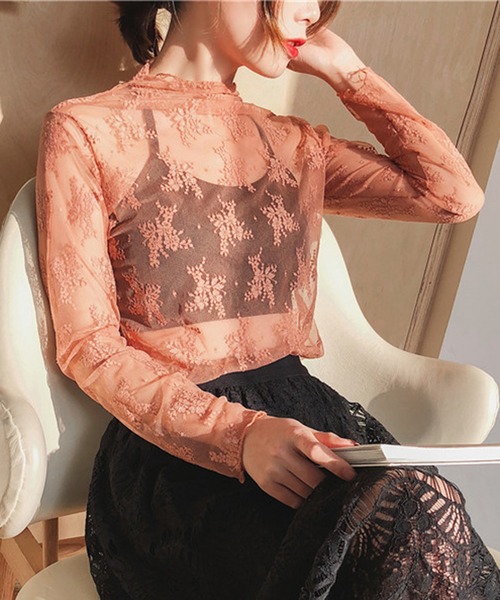 STYLEBLOCK（スタイルブロック）の「レース刺繍シアーハイネックトップス（Tシャツ/カットソー・レディース・レッド系その他/ベージュ系その他/グレー/ブラック/ブラウン系その他/ピンク/ホワイト・FREE）」の7枚目の写真