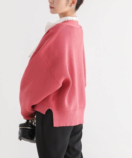 Fitmore]ボリュームスリーブパールニットカーディガン（カーディガン