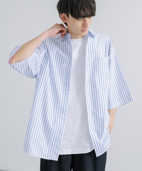 Rocky Monroe(ロッキーモンロー)の「オーバーサイズ コットンブロード 半袖レギュラーカラー無地ストライプシャツ(シャツ/ブラウス・メンズ・ブルーグレー/ホワイト×ブルー/サックスブルー/ホワイト/ホワイト×ブラック/ブラック・M/L)」の3枚目の写真