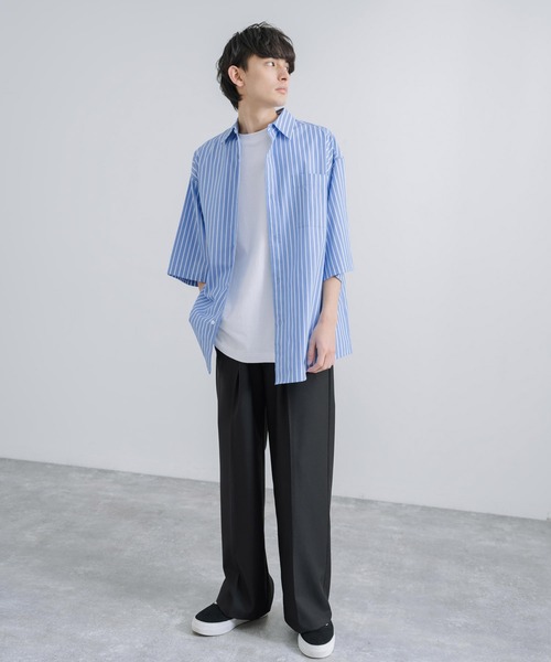 Rocky Monroe(ロッキーモンロー)の「オーバーサイズ コットンブロード 半袖レギュラーカラー無地ストライプシャツ(シャツ/ブラウス・メンズ・ブルーグレー/ホワイト×ブルー/サックスブルー/ホワイト/ホワイト×ブラック/ブラック・M/L)」の22枚目の写真