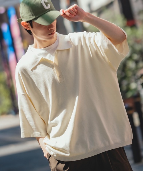 NULL（ヌル）の「【NULL】ニット素材 半袖 ポロシャツ（ポロシャツ・メンズ・ホワイト/ブラック/ブルーグレー/グリーン/モカ・MEDIUM/LARGE）」の2枚目の写真