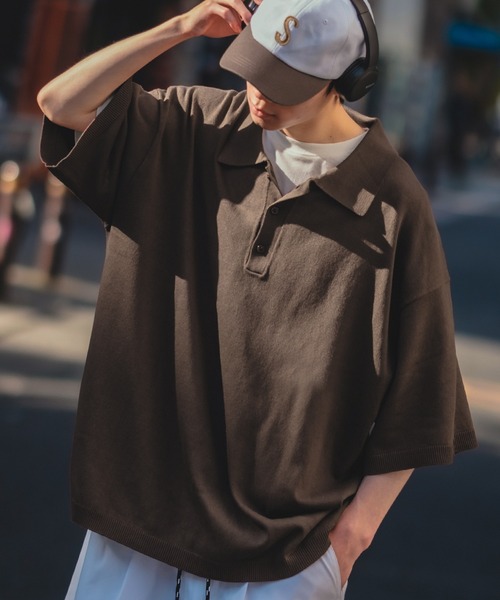 NULL（ヌル）の「【NULL】ニット素材 半袖 ポロシャツ（ポロシャツ・メンズ・ホワイト/ブラック/ブルーグレー/グリーン/モカ・MEDIUM/LARGE）」の4枚目の写真