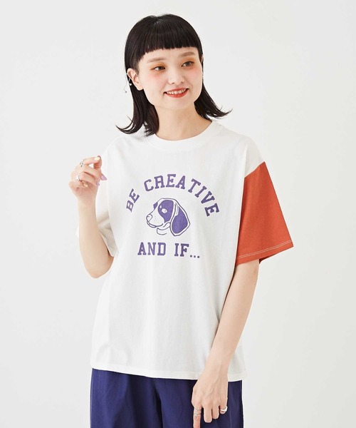 CUBE SUGAR（キューブシュガー）の「OE天竺カットソー袖配色ロゴプリントTシャツ（Tシャツ/カットソー・レディース・オレンジ/パープル/ネイビー/ホワイト・M）」の2枚目の写真