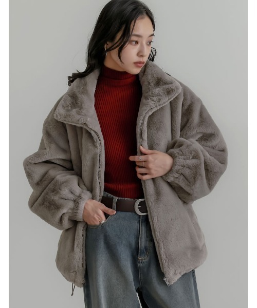 Re:EDIT（リエディ）の「ハイネックフェイクファーミドルコート（ブルゾン・レディース・ブラック/ベージュ/アイボリー/モカ・LARGE/MEDIUM）」の22枚目の写真