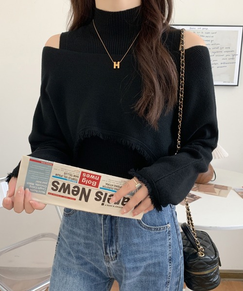 ABITOKYO（アビトーキョー）の「タートルネックリブニットキャミ＆ショート丈フリンジオフショルニット２点セット（ニット/セーター・レディース・アイボリー/ブラック/カーキ/ブラウン・FREE）」の21枚目の写真