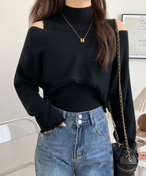 ABITOKYO（アビトーキョー）の「タートルネックリブニットキャミ＆ショート丈フリンジオフショルニット２点セット（ニット/セーター・レディース・アイボリー/ブラック/カーキ/ブラウン・FREE）」の22枚目の写真