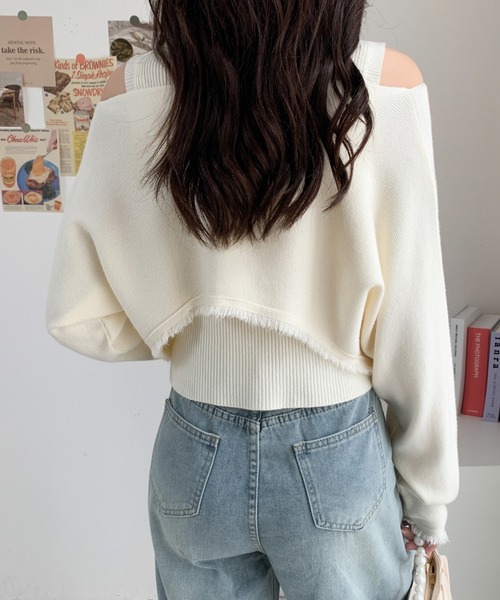 ABITOKYO（アビトーキョー）の「タートルネックリブニットキャミ＆ショート丈フリンジオフショルニット２点セット（ニット/セーター・レディース・アイボリー/ブラック/カーキ/ブラウン・FREE）」の5枚目の写真