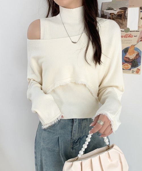 ABITOKYO（アビトーキョー）の「タートルネックリブニットキャミ＆ショート丈フリンジオフショルニット２点セット（ニット/セーター・レディース・アイボリー/ブラック/カーキ/ブラウン・FREE）」の6枚目の写真