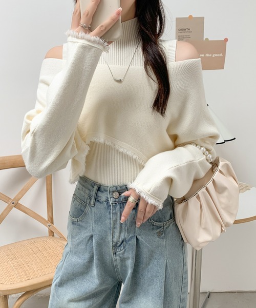 ABITOKYO（アビトーキョー）の「タートルネックリブニットキャミ＆ショート丈フリンジオフショルニット２点セット（ニット/セーター・レディース・アイボリー/ブラック/カーキ/ブラウン・FREE）」の8枚目の写真