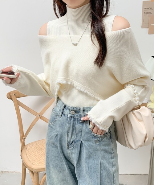 ABITOKYO（アビトーキョー）の「タートルネックリブニットキャミ＆ショート丈フリンジオフショルニット２点セット（ニット/セーター・レディース・アイボリー/ブラック/カーキ/ブラウン・FREE）」の9枚目の写真