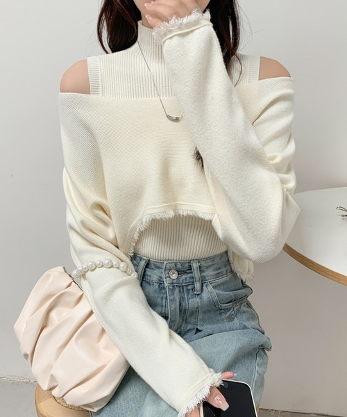 ABITOKYO（アビトーキョー）の「タートルネックリブニットキャミ＆ショート丈フリンジオフショルニット２点セット（ニット/セーター・レディース・アイボリー/ブラック/カーキ/ブラウン・FREE）」の10枚目の写真