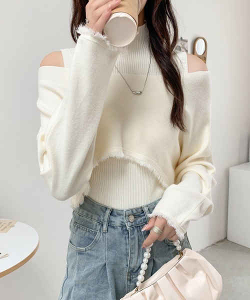 ABITOKYO（アビトーキョー）の「タートルネックリブニットキャミ＆ショート丈フリンジオフショルニット２点セット（ニット/セーター・レディース・アイボリー/ブラック/カーキ/ブラウン・FREE）」の11枚目の写真