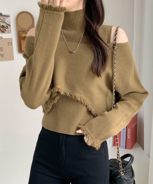 ABITOKYO（アビトーキョー）の「タートルネックリブニットキャミ＆ショート丈フリンジオフショルニット２点セット（ニット/セーター・レディース・アイボリー/ブラック/カーキ/ブラウン・FREE）」の14枚目の写真