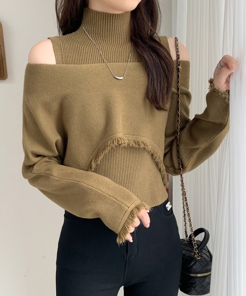 ABITOKYO（アビトーキョー）の「タートルネックリブニットキャミ＆ショート丈フリンジオフショルニット２点セット（ニット/セーター・レディース・アイボリー/ブラック/カーキ/ブラウン・FREE）」の15枚目の写真