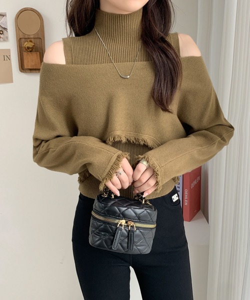 ABITOKYO（アビトーキョー）の「タートルネックリブニットキャミ＆ショート丈フリンジオフショルニット２点セット（ニット/セーター・レディース・アイボリー/ブラック/カーキ/ブラウン・FREE）」の16枚目の写真