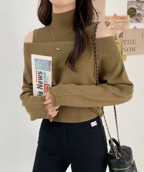 ABITOKYO（アビトーキョー）の「タートルネックリブニットキャミ＆ショート丈フリンジオフショルニット２点セット（ニット/セーター・レディース・アイボリー/ブラック/カーキ/ブラウン・FREE）」の17枚目の写真