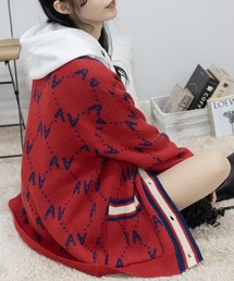 ゆったりBIGサイズ 英字柄 ジャガードニット ロングVカーデ
