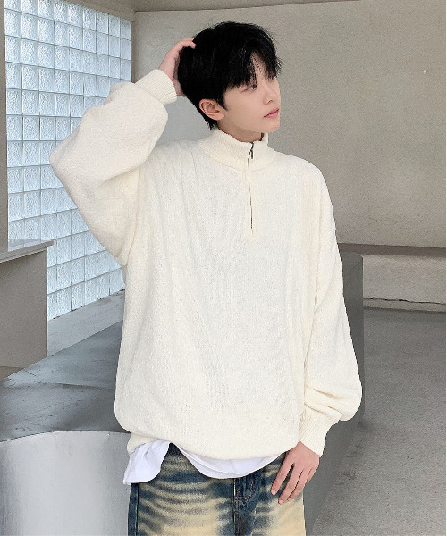 【ts15395】サイドのジッパーデザインがユニーク♪ルーズなシルエットのサイドZIPボーダーニットセーター GRANCY】ZipDesign Asymmetry Knit / ジップデザイン