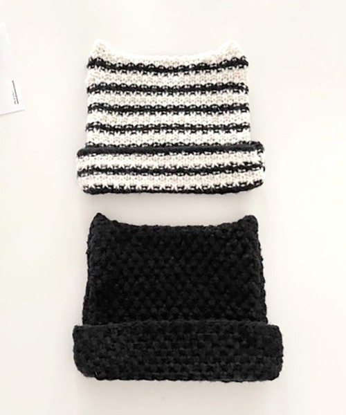 non-hedge(ノンヘッジ)の「猫耳ニット帽(ニットキャップ/ビーニー・レディース・ホワイト×ブラック/ブラック・FREE)」の8枚目の写真