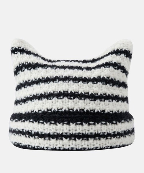 non-hedge(ノンヘッジ)の「猫耳ニット帽(ニットキャップ/ビーニー・レディース・ホワイト×ブラック/ブラック・FREE)」の4枚目の写真