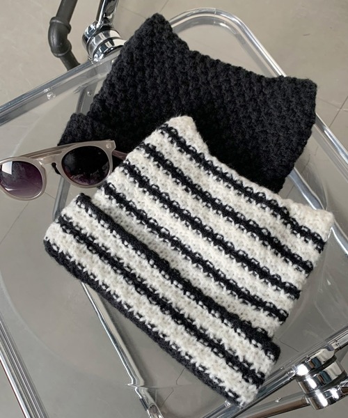 non-hedge(ノンヘッジ)の「猫耳ニット帽(ニットキャップ/ビーニー・レディース・ホワイト×ブラック/ブラック・FREE)」の5枚目の写真