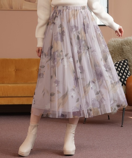 ASTORIA ODIER(アストリアオディール)の「大花柄プリントチュールスカート(スカート・レディース・ライトグレー/ラベンダー・MEDIUM)」の1枚目の写真