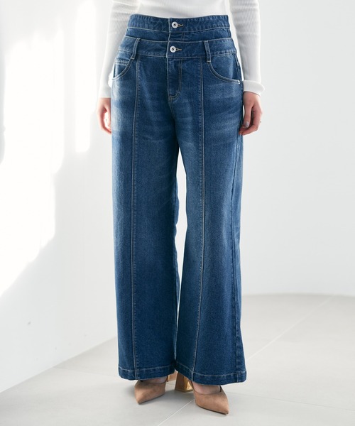 Editt by YECCA VECCA（エディットバイイェッカヴェッカ）の「ORGABITS　Wウエストデニム（デニムパンツ・レディース・インディゴブルー/ライトインディゴブルー・S/M）」の2枚目の写真