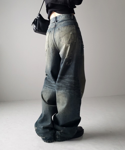 y2kデニムパンツ 新品 ユニークデニムパンツ セール】Y2kサイドタックフレアデニムパンツ（デニムパンツ