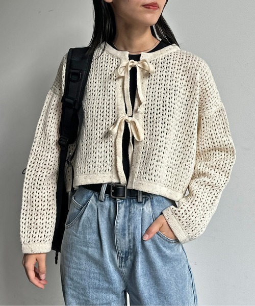 CPCM（シーピーシーエム）の「メランジリボンメッシュカーディガン（カーディガン/ボレロ・レディース・オレンジ/サックスブルー/ブルー/オフホワイト・FREE）」の5枚目の写真