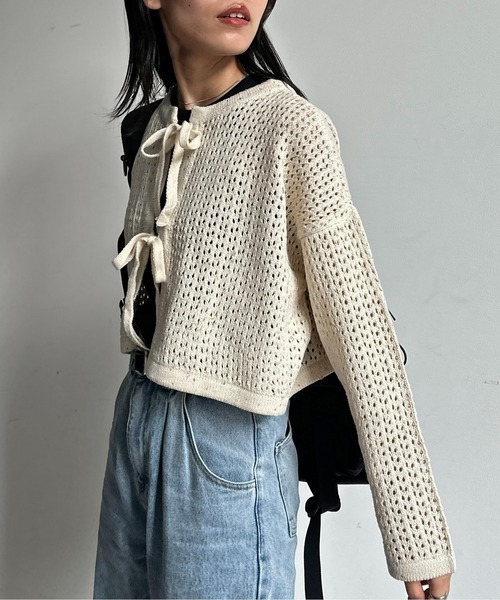 CPCM（シーピーシーエム）の「メランジリボンメッシュカーディガン（カーディガン/ボレロ・レディース・オレンジ/サックスブルー/ブルー/オフホワイト・FREE）」の6枚目の写真